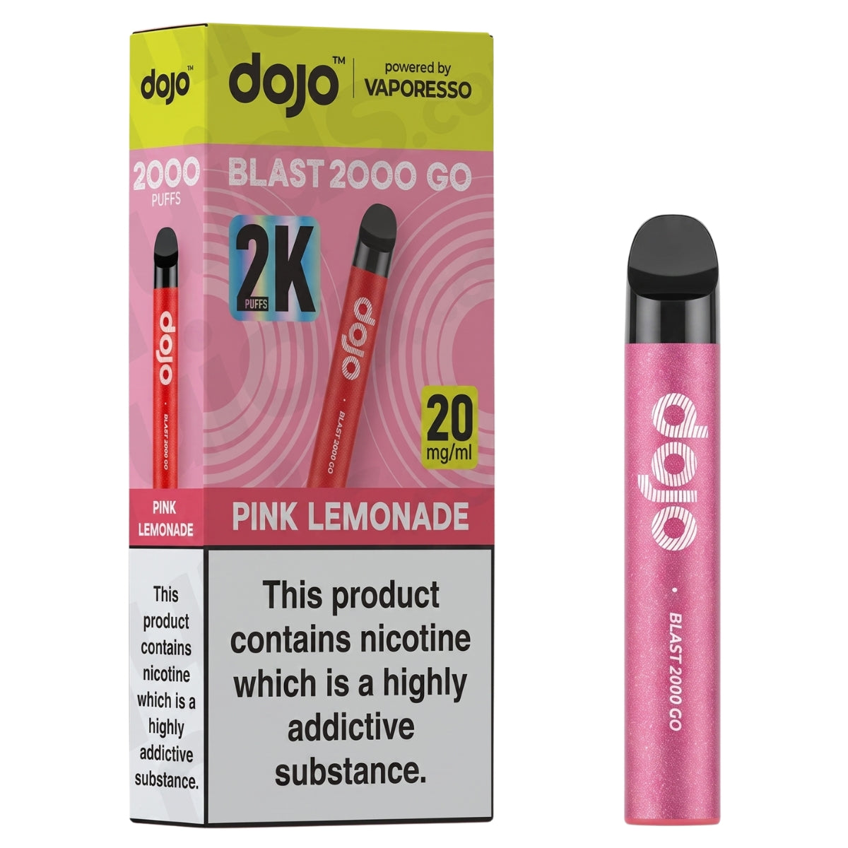 A pink disposable vape device stands next to its retail box on a plain white background. The packaging is pink and yellow with 'dojo' branding and flavor text reading 'Pink Lemonade'.
