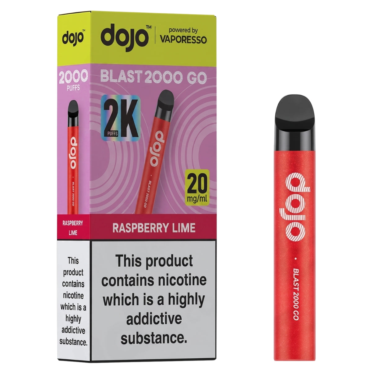 The Dojo - Blast 2000 Go Raspberry Lime Pod Vape Kit (20mg/mL) by Dojo, featuring a refreshing Raspberry Lime flavor, sits beside its packaging marked with 2000 puffs, 20 mg/mL nicotine strength, and a health warning about nicotine addiction—an ideal compact vape kit designed for flavorful convenience.
