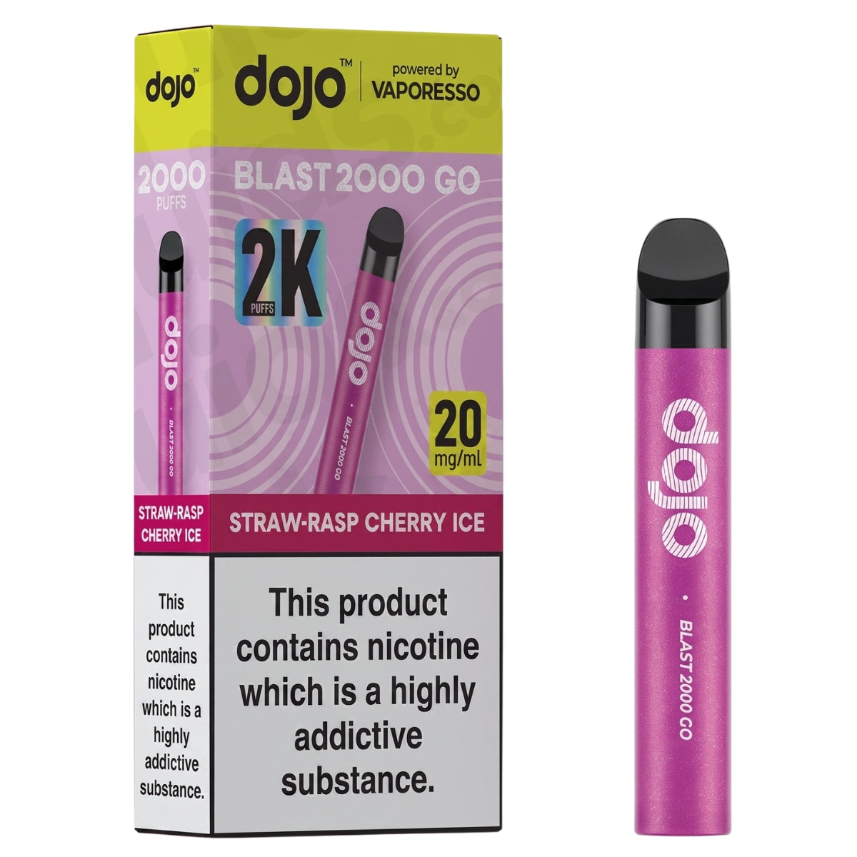 A pink Dojo - Blast 2000 Go Straw-Rasp Cherry Ice Pod Vape Kit (20mg/mL) and its box, featuring a nicotine warning and “2000 puffs” on the packaging.