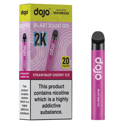 A pink Dojo - Blast 2000 Go Straw-Rasp Cherry Ice Pod Vape Kit (20mg/mL) and its box, featuring a nicotine warning and “2000 puffs” on the packaging.