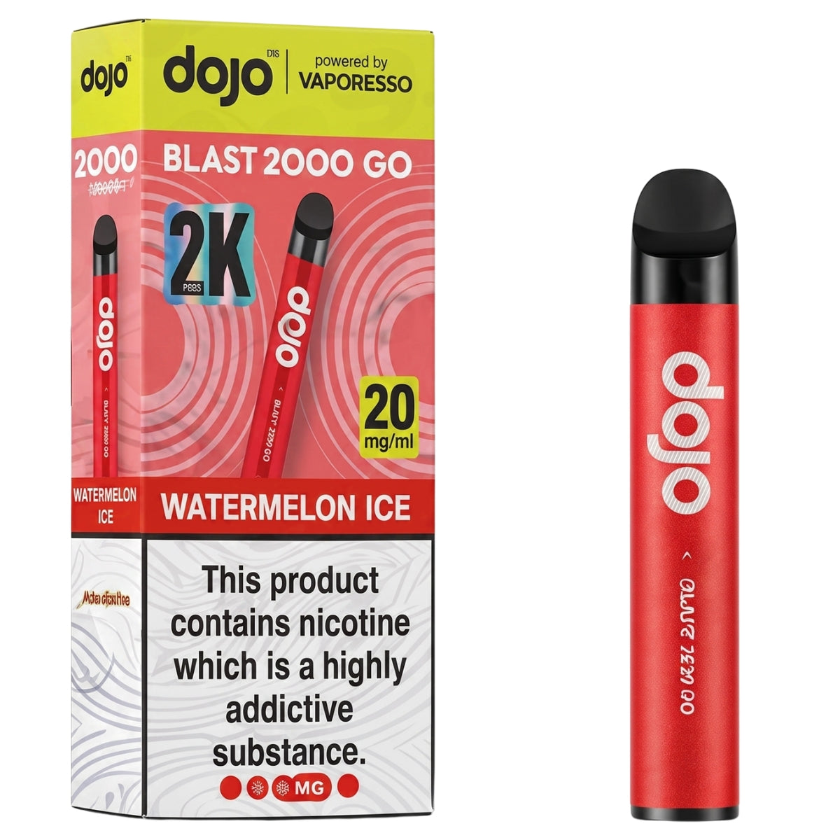 A red and black Vaporesso Dojo Blast 2000 Go disposable vape pen shown next to its retail packaging box on a plain white background.