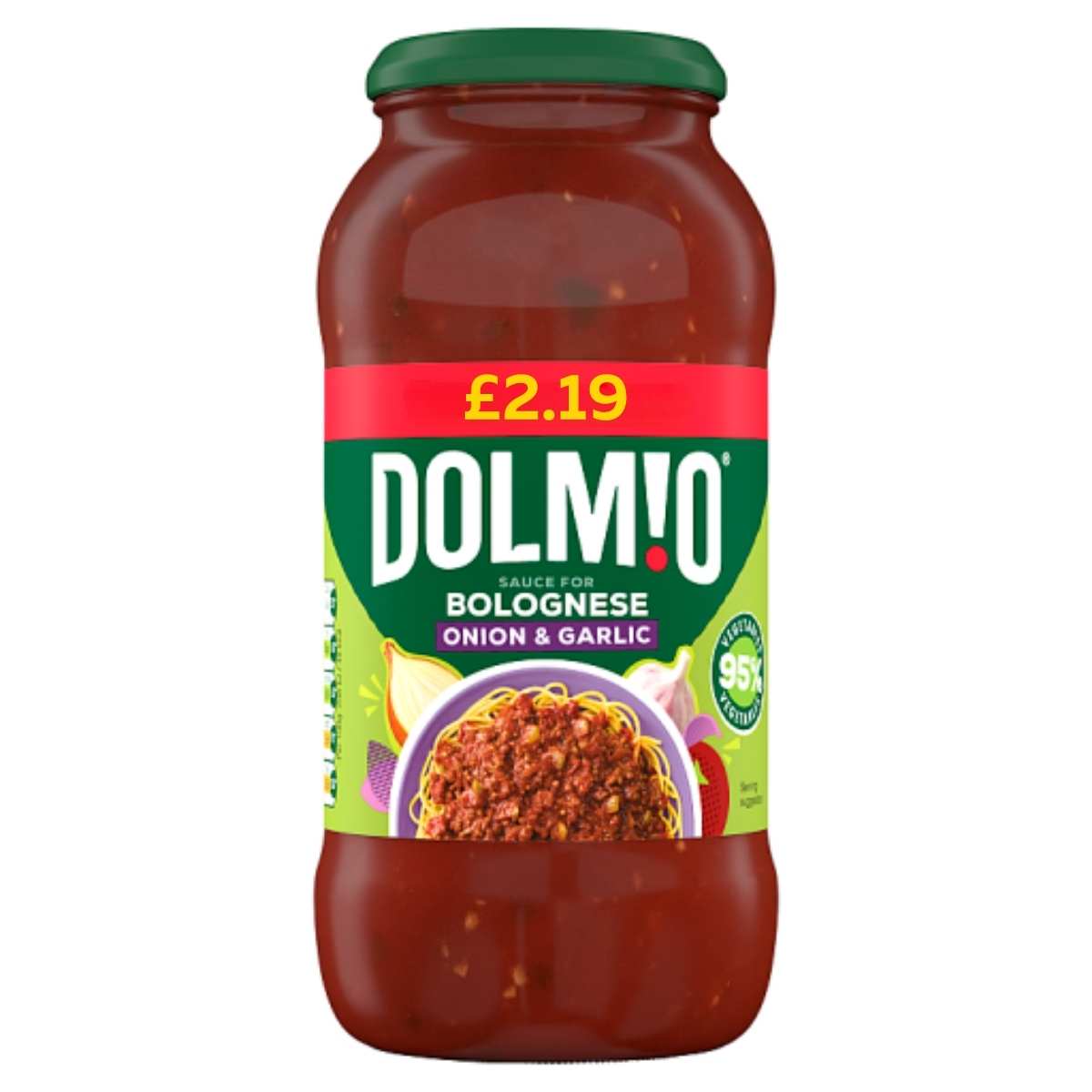 Dolmio Bolognese sauce jar with label on a white background