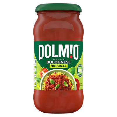 Dolmio Bolognese Original Pasta Sauce 450g comes in a jar with a green lid and a label showing spaghetti with sauce and basil, plus nutrition info—ideal for making authentic Italian pasta dishes.