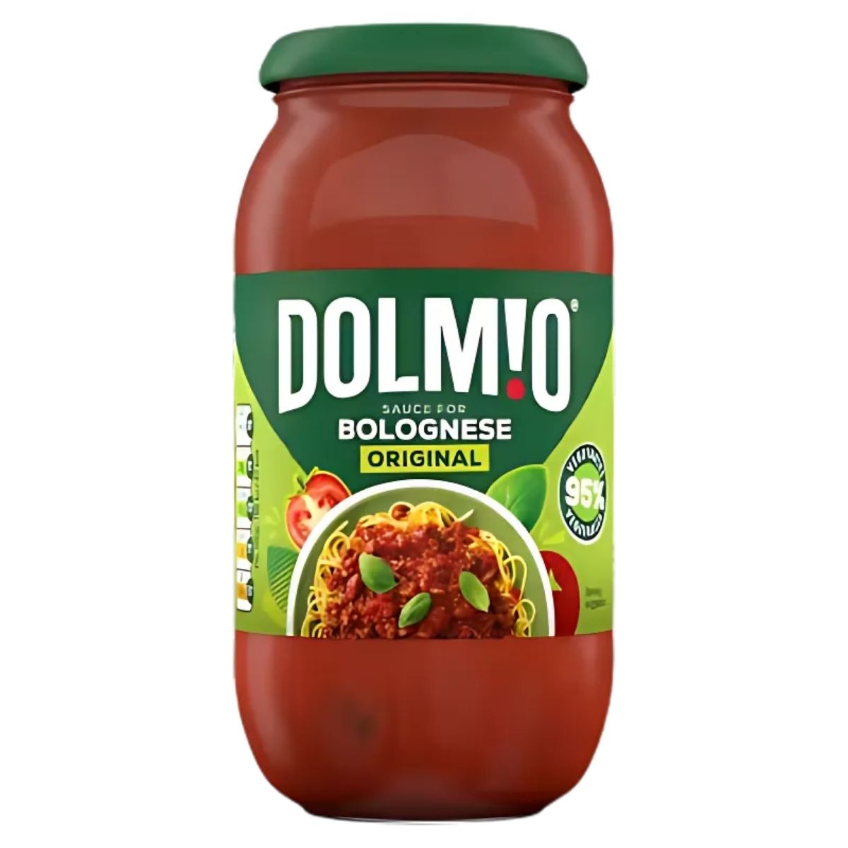 A 450g jar of Dolmio Bolognese Original Pasta Sauce, featuring a green cap and an enticing label with an image of spaghetti Bolognese. Made with high-quality ingredients and boasting a "95% tomatoes" emblem, it is perfect for enhancing your favorite pasta dishes.