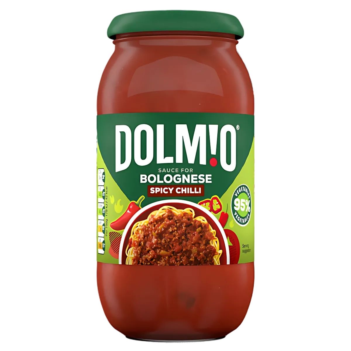 A 450g jar of Dolmio Bolognese Spicy Chilli Pasta Sauce with a green lid and label showcasing pasta topped with a rich, zesty sauce.