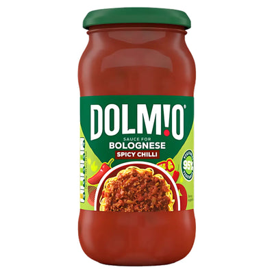 A 450g jar of Dolmio Bolognese Spicy Chilli Pasta Sauce with a green lid and label, displaying the sauce and nutritional info on the front.