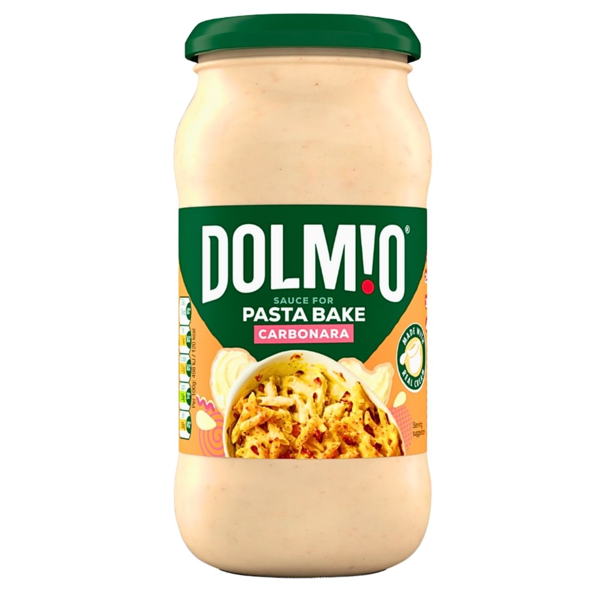 Dolmio Pasta Bake Carbonara sauce jar on a white background