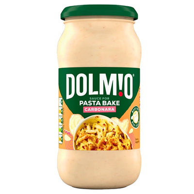 Dolmio Pasta Bake Carbonara sauce jar on a white background