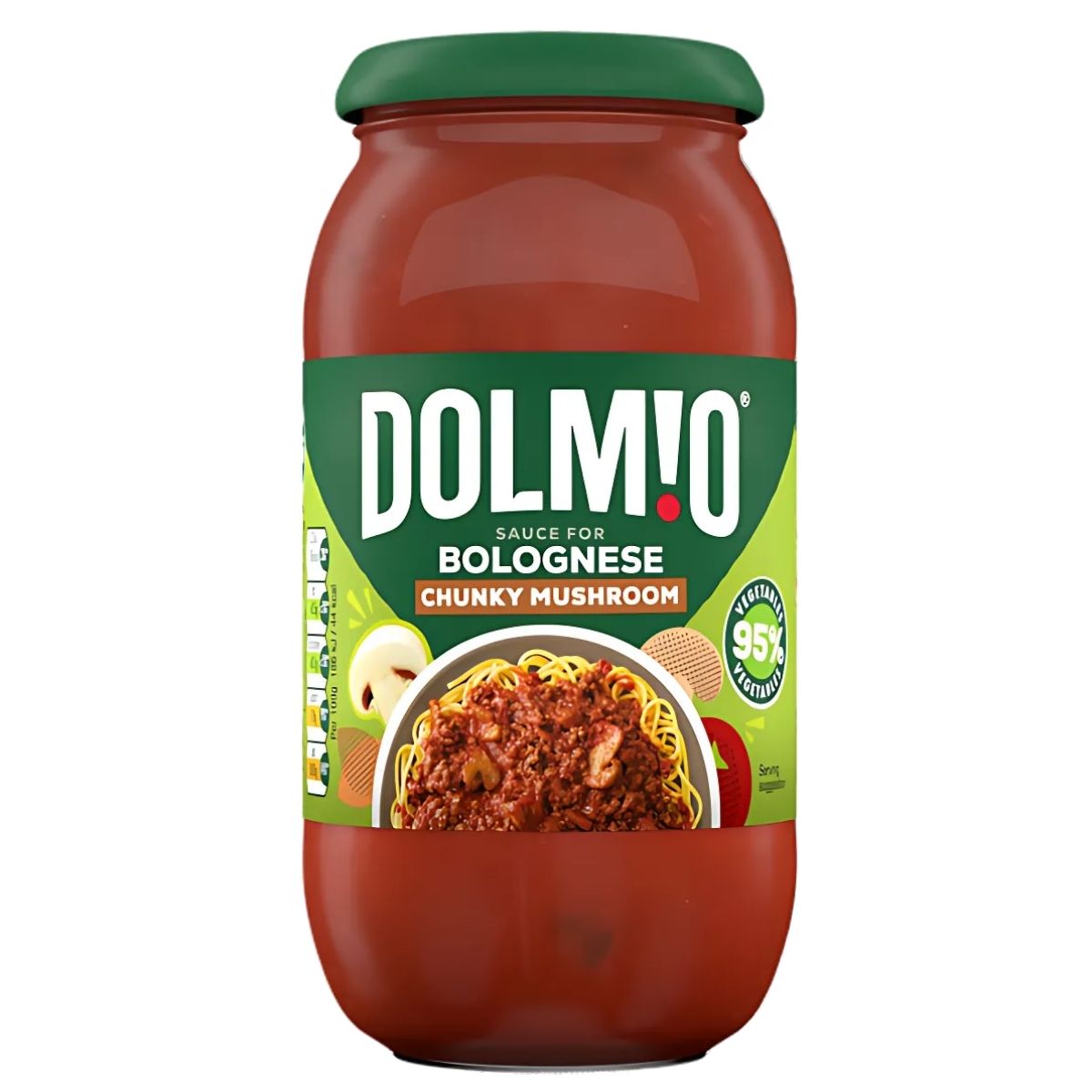 The 450g jar of Dolmio Chunky Mushroom Bolognese Sauce, a family favourite with a green label and spaghetti image, showcases nutrition info on the side, emphasizing its chunky goodness.