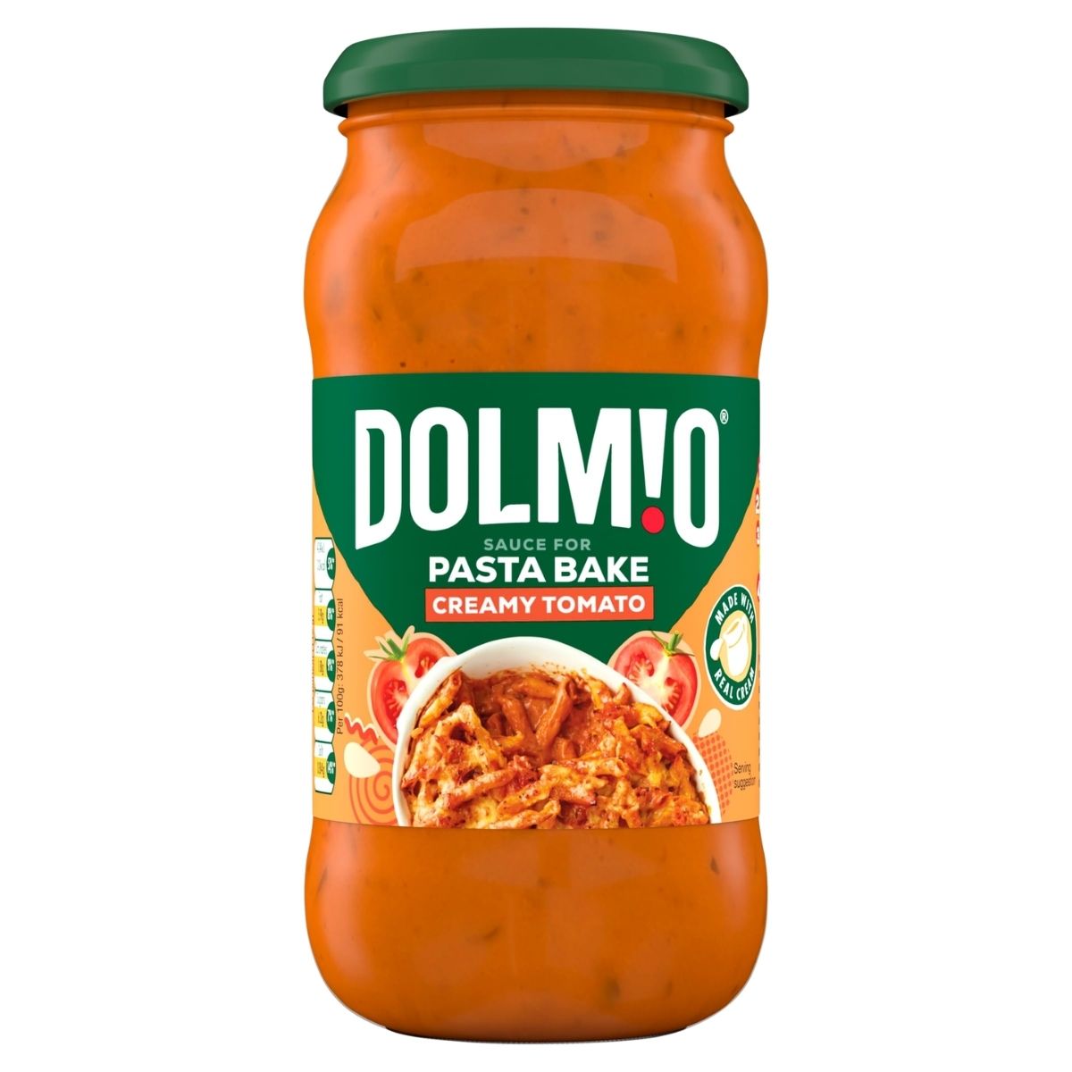 Jar of Dolmio creamy tomato pasta bake sauce on a white background