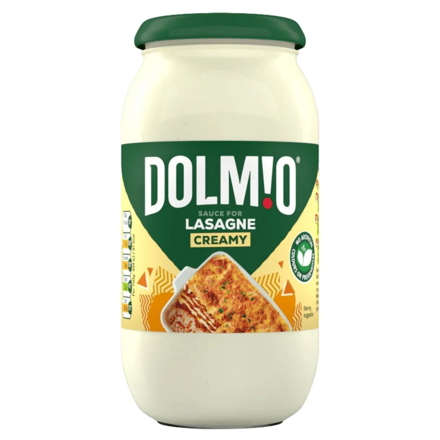 Jar of Dolmio creamy lasagne sauce on a white background