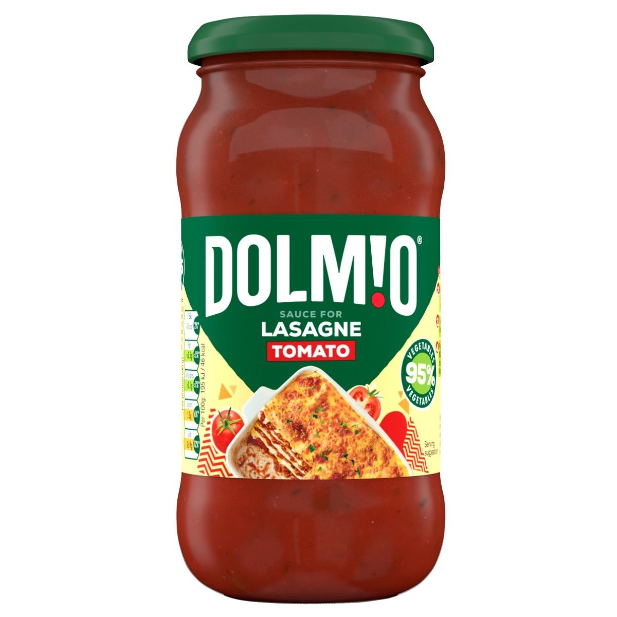 Jar of Dolmio tomato sauce for lasagne on a white background