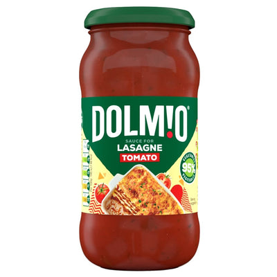 Jar of Dolmio tomato sauce for lasagne on a white background