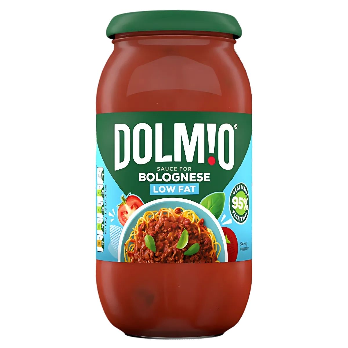 A jar of Dolmio Low Fat Bolognese Sauce, featuring tomatoes and a bowl of Bolognese on its green lid and label, offers a delicious taste for a healthy meal.