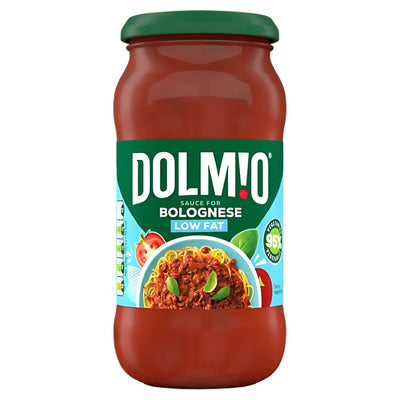 A 450g jar of Dolmio Low Fat Bolognese Sauce, with a green lid and a spaghetti bolognese image on the label—ideal for preparing a healthy meal.