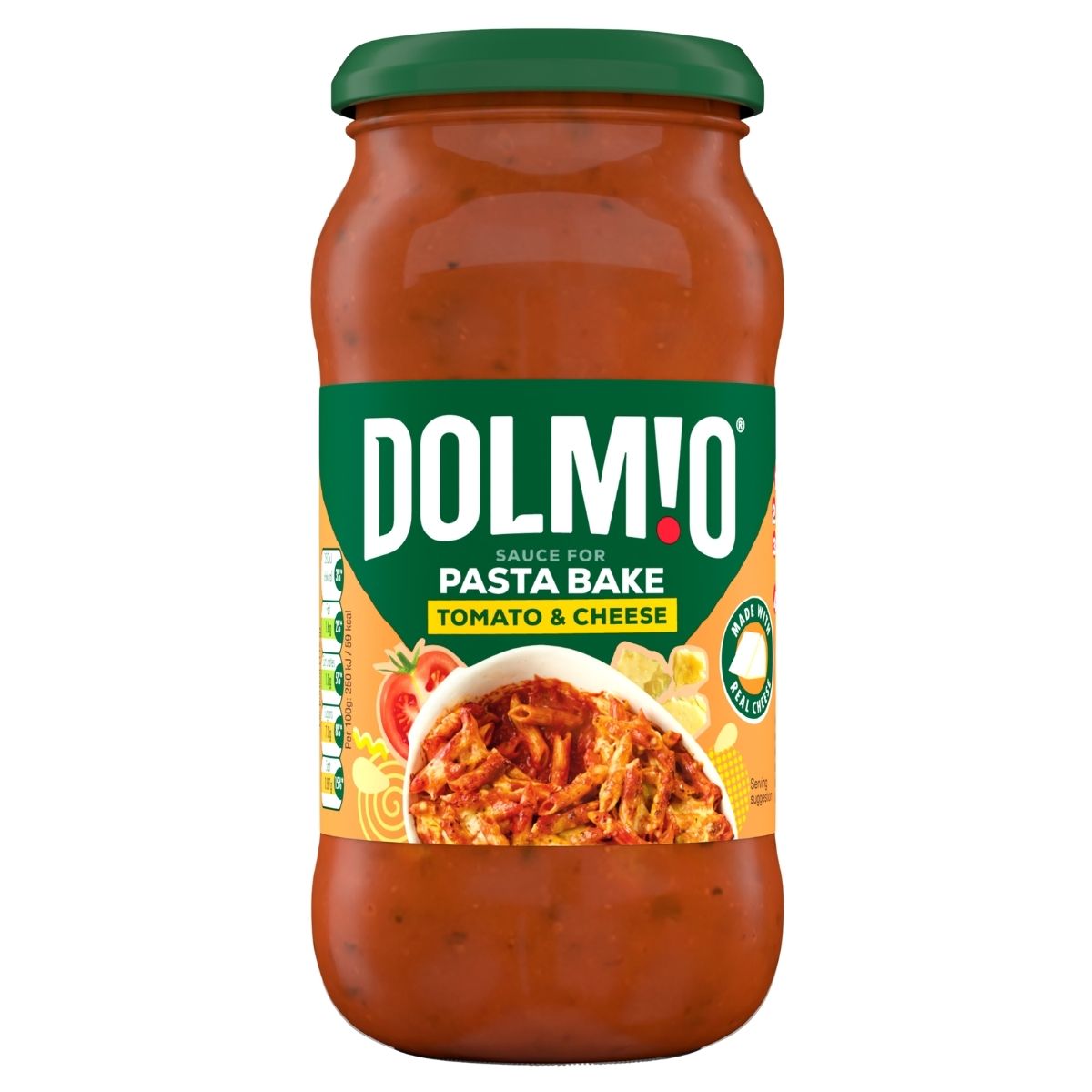 Jar of Dolmio Pasta Bake sauce with a green lid on a white background