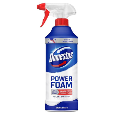 Domestos Arctic Fresh Power Foam Toilet Cleaner (450ml) features a red spray nozzle, kills 99.99% of germs, sprays upside down, removes limescale, and leaves your bathroom with an Arctic Fresh scent.