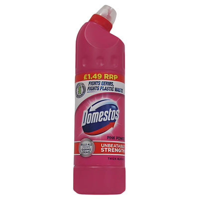 A 750ml bottle of Domestos - Bleach Pink with a pink label reading "Pink Power" and "Unbeatable Strength," red cap, ideal for cleaning and disinfecting toilets. Priced at £1.49 RRP.
