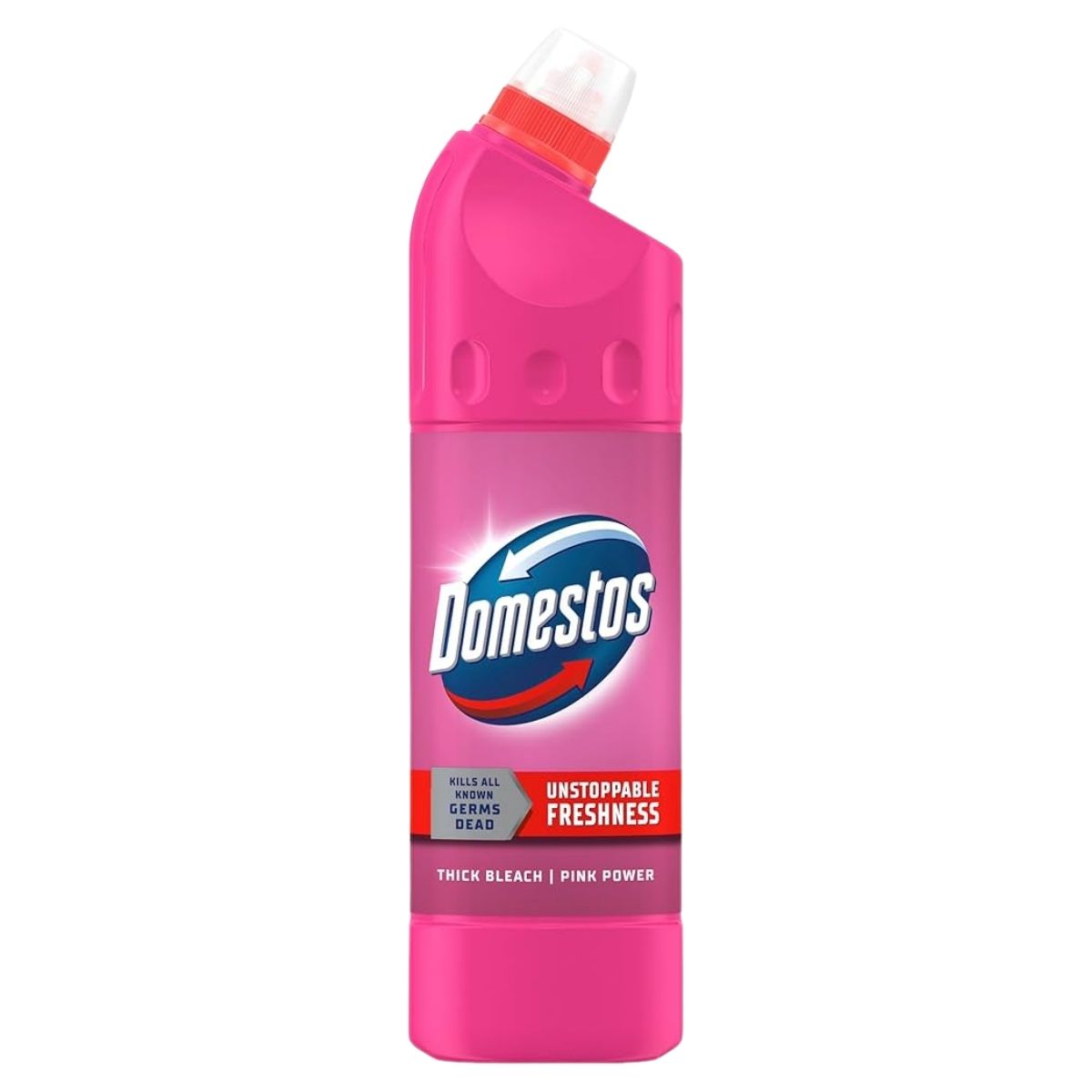 Pink bottle of Domestos cleaning product on a white background