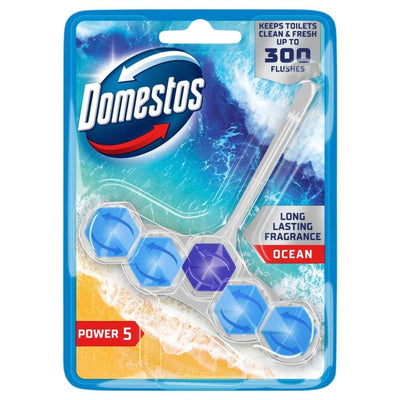 Domestos - Power 5 Ocean Rim Block 50g provides powerful cleaning and long-lasting ocean fragrance for up to 300 flushes, with four blue blocks in each pack.