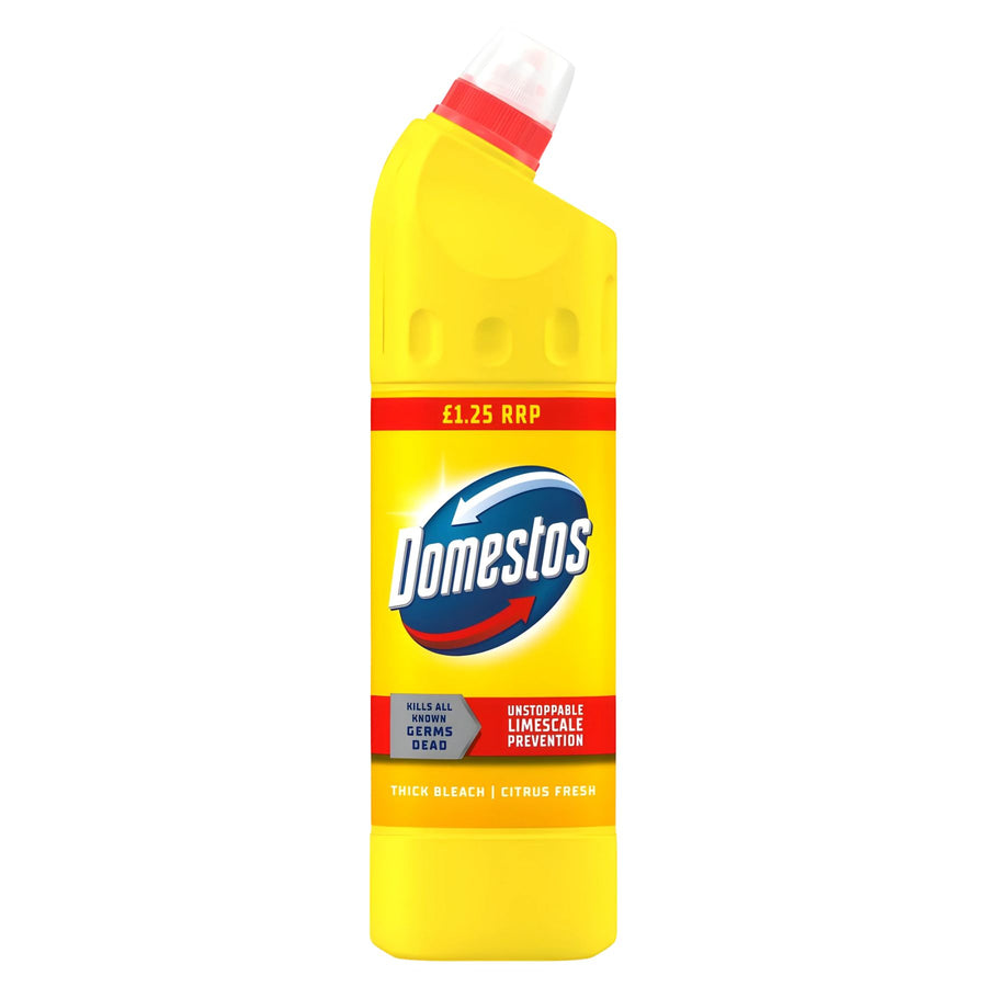 A 750ml yellow bottle of Domestos Thick Bleach Citrus Fresh with a red label and angled cap. This powerful disinfectant cleaner is priced at £1.25 RRP.