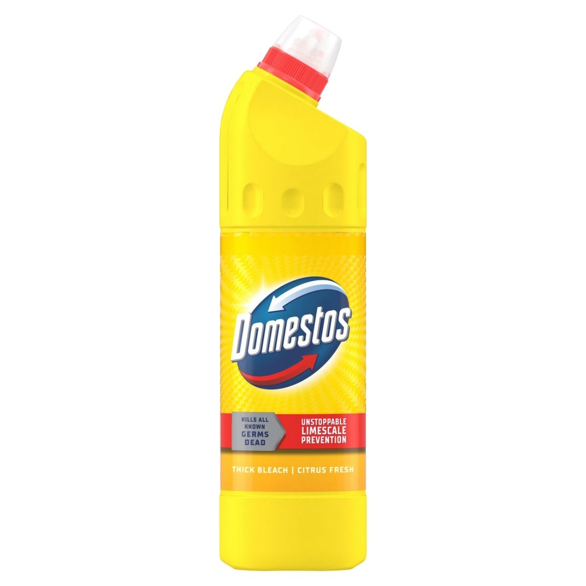 A 750ml yellow bottle of Domestos - Thick Bleach Citrus Fresh features a red angled cap and a label promoting powerful germ-killing, limescale prevention, and citrus freshness.