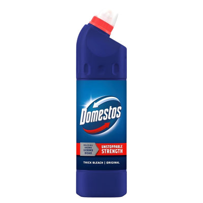 A 750ml Domestos - Thick Bleach Original bottle with a red angled cap features the label "kills all known germs dead" and "unstoppable strength." Brand: Domestos.