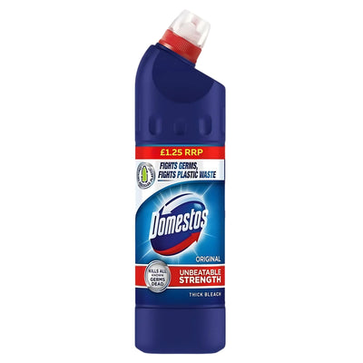 A 750ml bottle of Domestos Thick Bleach Original with a red cap, offering unbeatable disinfectant strength, removes stains and kills germs to keep your home hygienically clean.