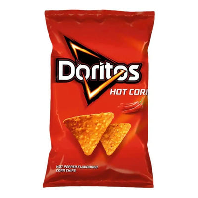 A vibrant red bag of Dorito's Hot Pepper Flavoured Corn Chips, 100g, features an enticing image of two triangle chips with fiery peppers, promising a bold, spicy flavor.