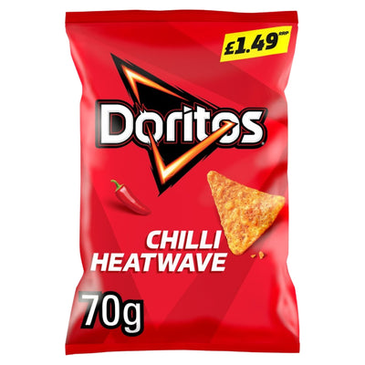 A 70g bag of Doritos - Chilli Heatwave Tortilla Chips by Doritos showcases a striking red design with a chili pepper illustration and a £1.49 RRP label in the top right corner. These tortilla chips deliver an intense chilli heatwave flavour with every bite.