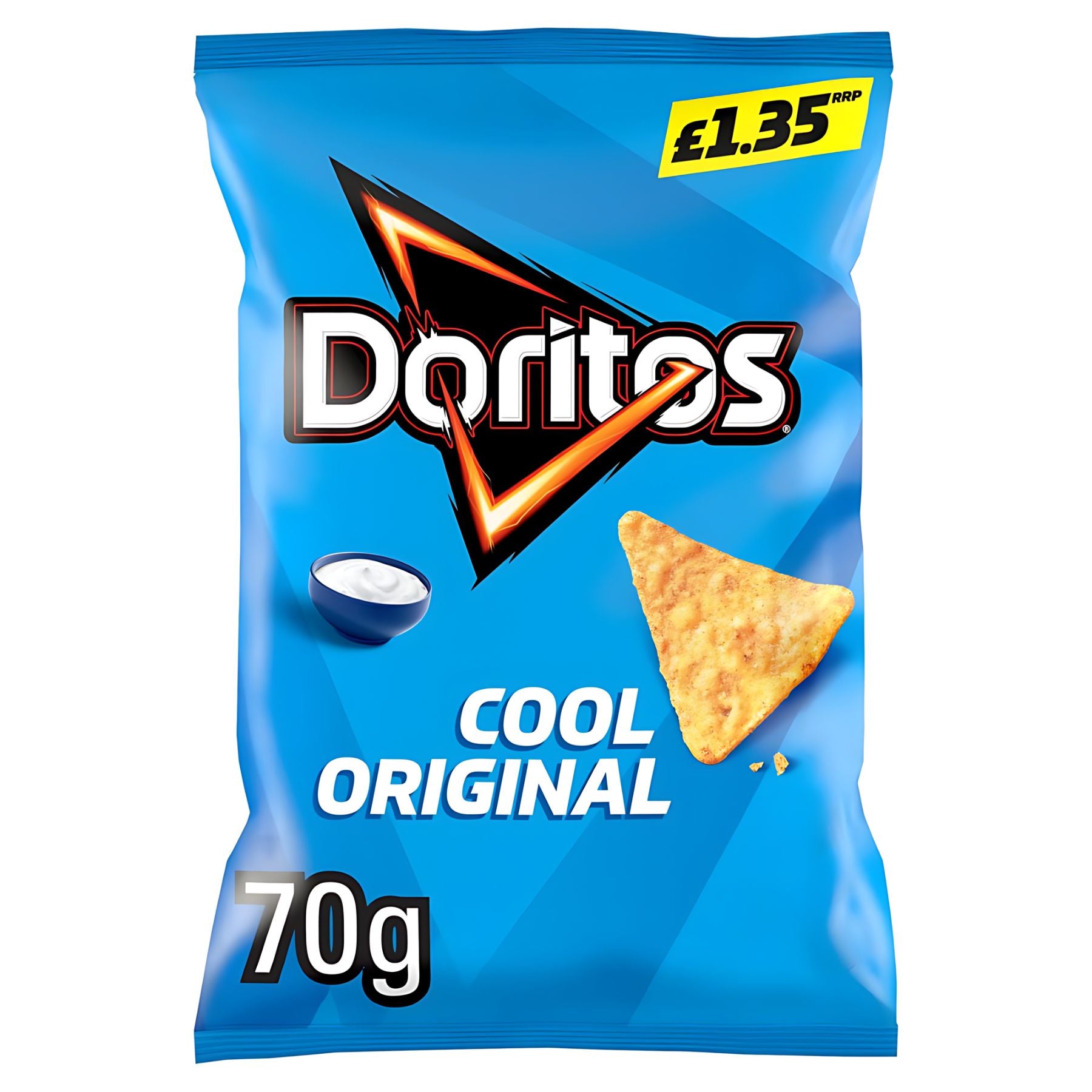 A 70g bag of Doritos - Cool Original Tortilla Chips priced at £1.35, with a blue background. These vegetarian chips have no artificial flavours, making them a delicious snack for any time.