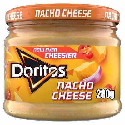 A 280g jar of Doritos Nacho Cheese Sharing Dip, featuring cheese, chili pepper, and garlic images—a creamy dip from Doritos that’s perfect for party snacking.