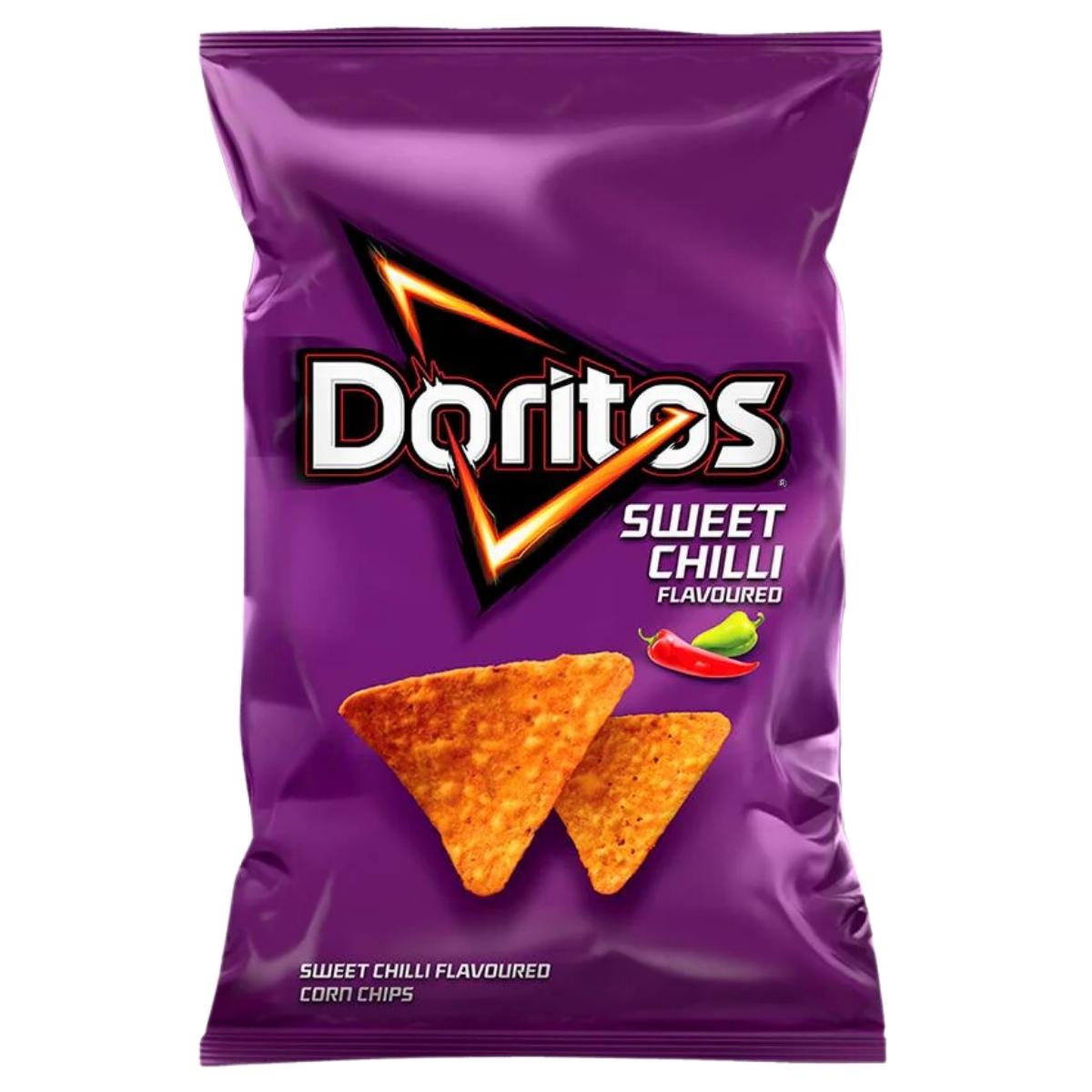 The 100g Doritos Sweet Chilli Flavoured Corn Chips bag is a purple delight, adorned with red chili graphics, making it the ideal snack.