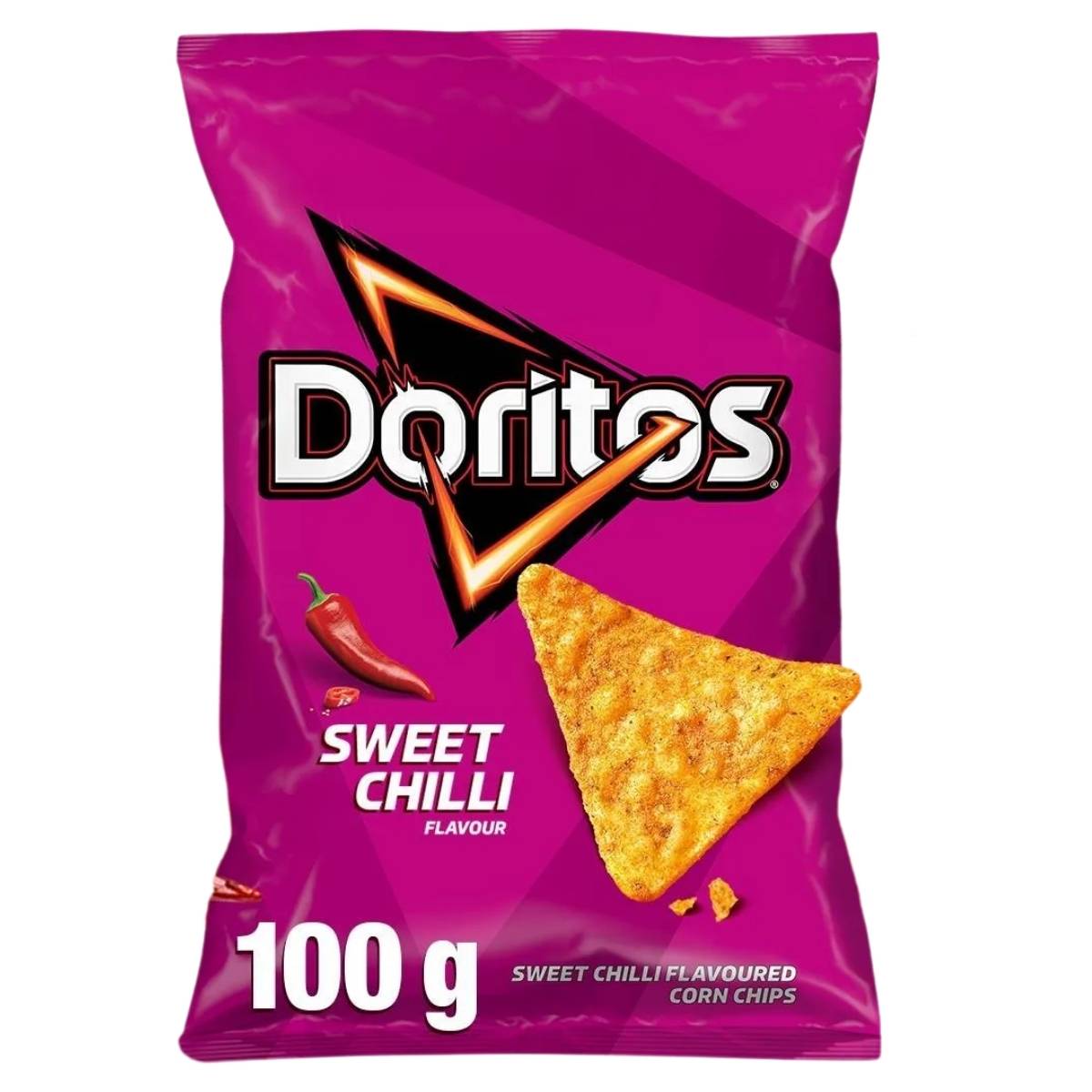 Doritos Sweet Chilli Flavoured Corn Chips 100g—a bold snack from Doritos, featuring chili pepper and chip imagery on a bright pink pack.