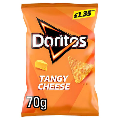 Doritos - Tangy Cheese Tortilla Chips - 70g come in a bright orange bag with a crisp chip and cheese wedge design, plus a £1.35 price label—ideal for fans of bold, cheesy flavor.