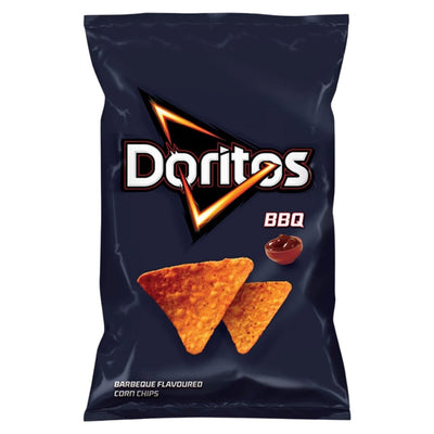 Doritos Barbecue Flavoured Corn Chips 100g bag, ideal for snacking, features two triangular chips and a barbecue sauce cup on the packaging.