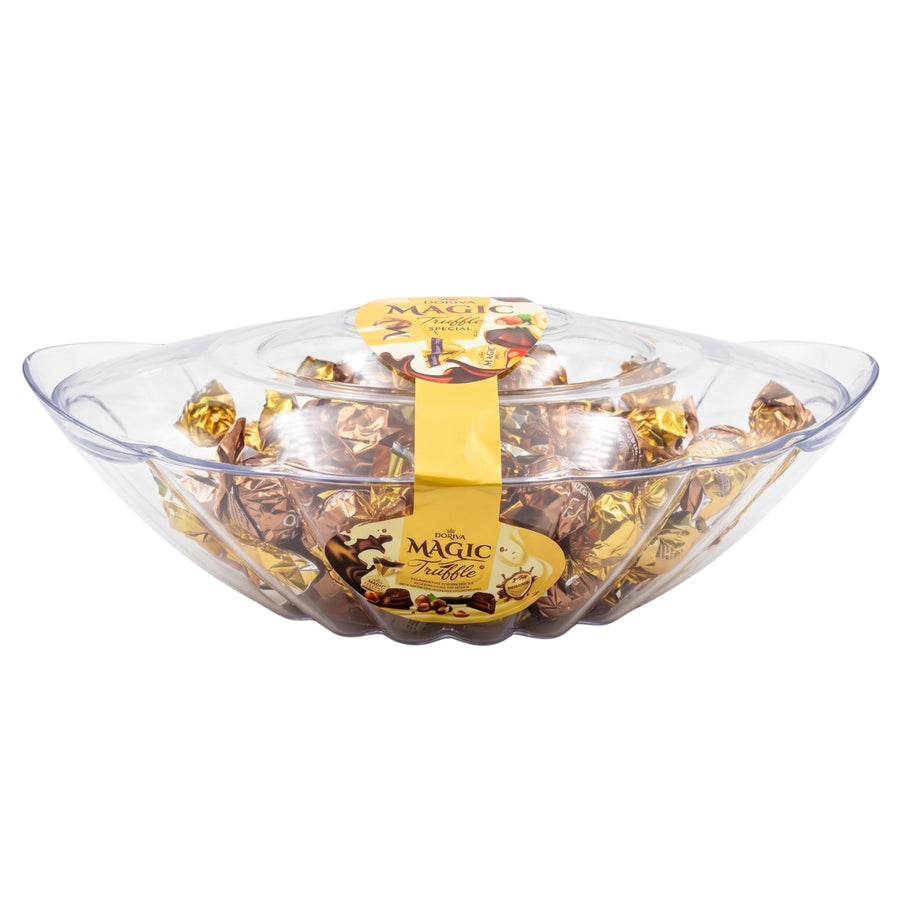 A clear plastic bowl filled with wrapped chocolates, featuring a yellow Magic Truffles label, set against a plain white background.