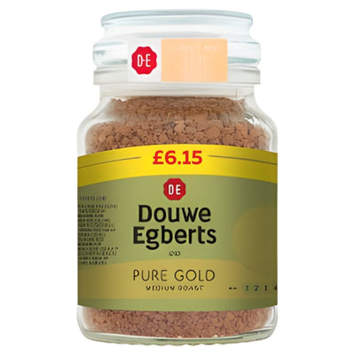 A 95g jar of Douwe Egberts Pure Gold DE Medium Roast instant coffee with a £6.15 price label on the front.