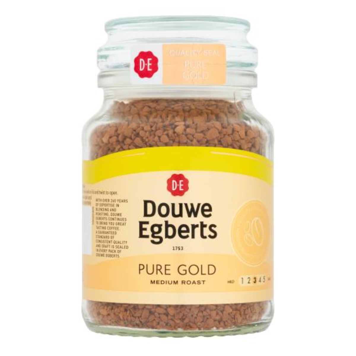 A jar of Douwe Egberts - Pure Gold Medium Roast - 95g.