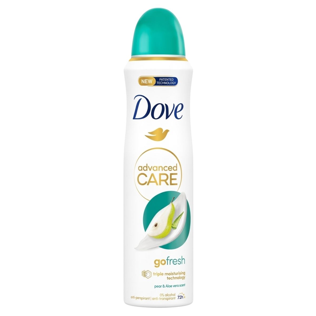 Dove advanced care deodorant spray bottle on a white background