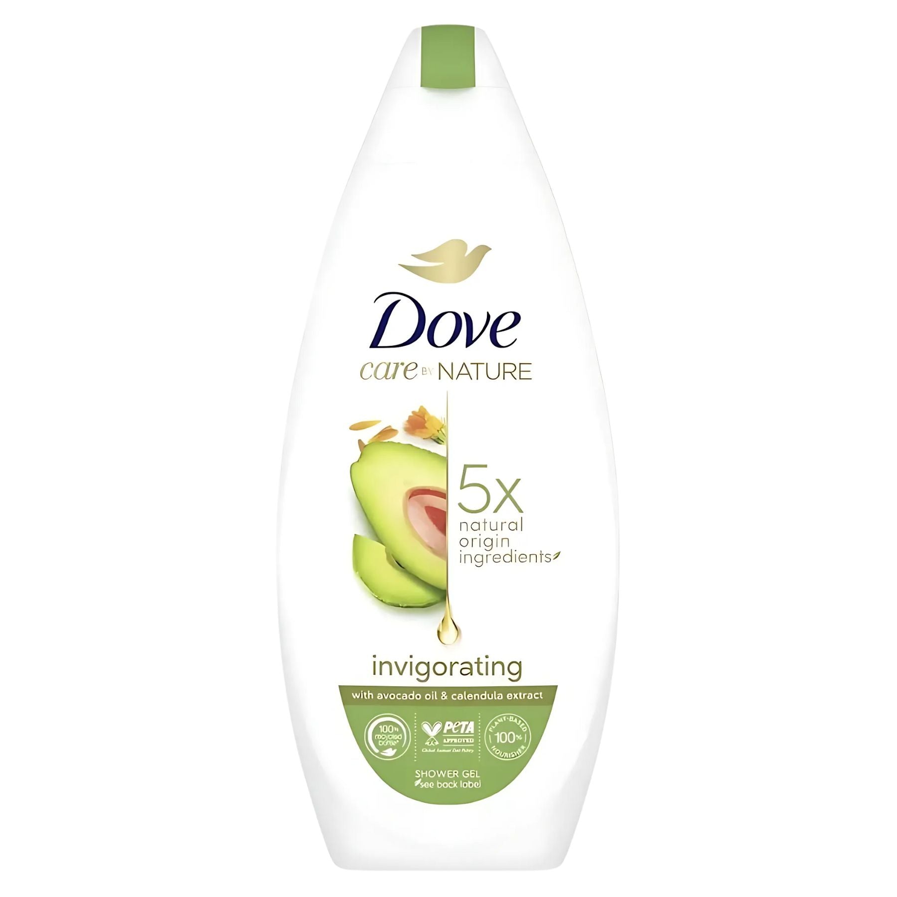 A 225ml bottle of Dove - Avocado & Calendula Body Wash features nourishing avocado oil, calendula extract, a green cap, and an avocado image on the label.