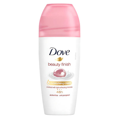 A 50ml Dove Beauty Finish Anti-Perspirant Deodorant Roll-On with a pink cap, featuring "48h moisturising cream" and "alcohol free" on the label.