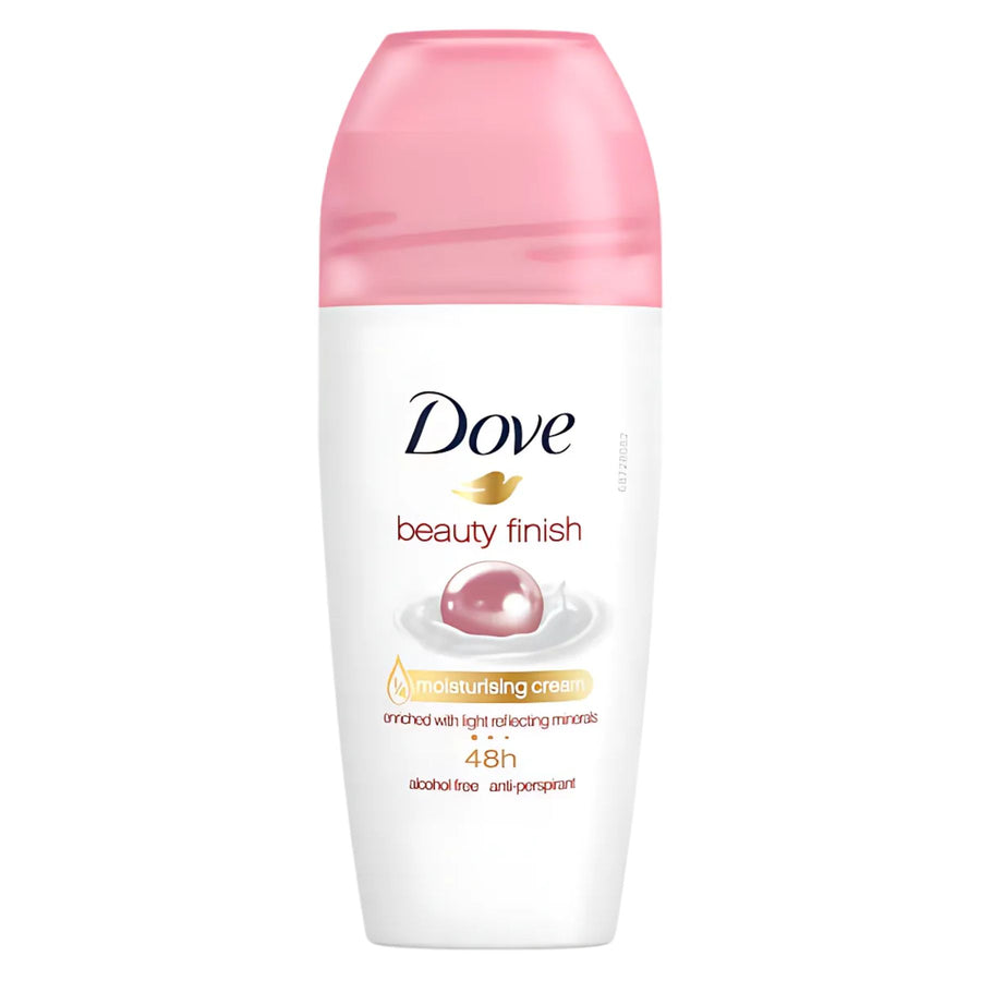 A 50ml Dove Beauty Finish Anti-Perspirant Deodorant Roll-On with a pink cap, featuring "48h moisturising cream" and "alcohol free" on the label.