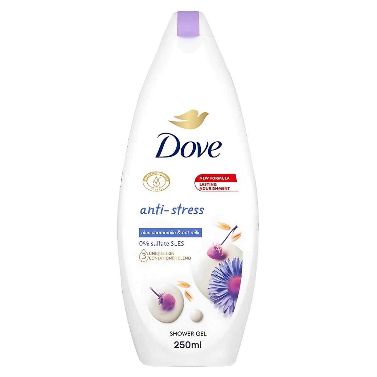 The Dove 250ml Anti-Stress Shower Gel features blue chamomile and oat milk, offering a gentle, sulfate SLES-free formula that provides lasting skin nourishment.