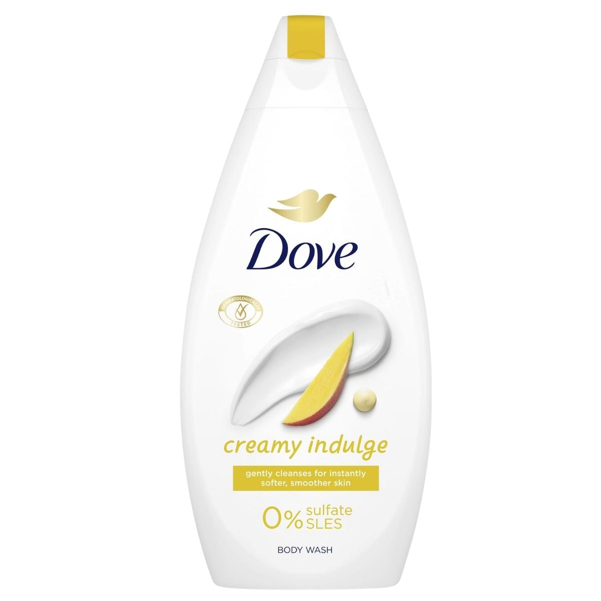 A 450ml bottle of Dove Creamy Indulge Body Wash with a white and yellow design, featuring gentle cleansing for softer, smoother skin and a pleasant fruity floral scent. Highlights include 0% sulfate SLES.