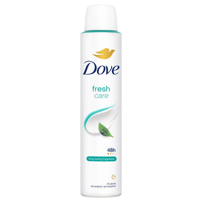 A 150ml Dove - Fresh Anti-perspirant Deodorant Spray, with a white cap and green leaf design, offers 48-hour protection.