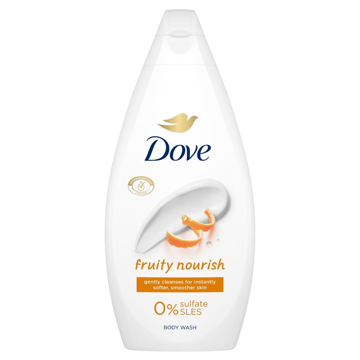 Dove fruity nourish body wash bottle on a white background