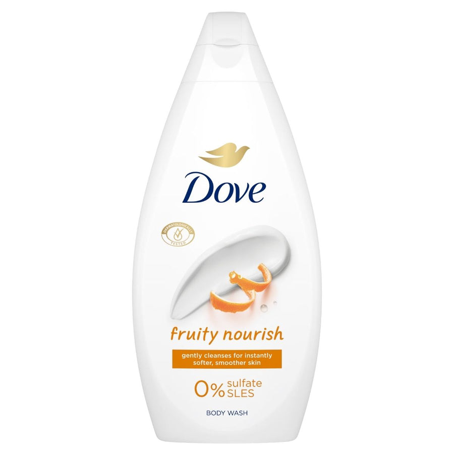 Dove fruity nourish body wash bottle on a white background