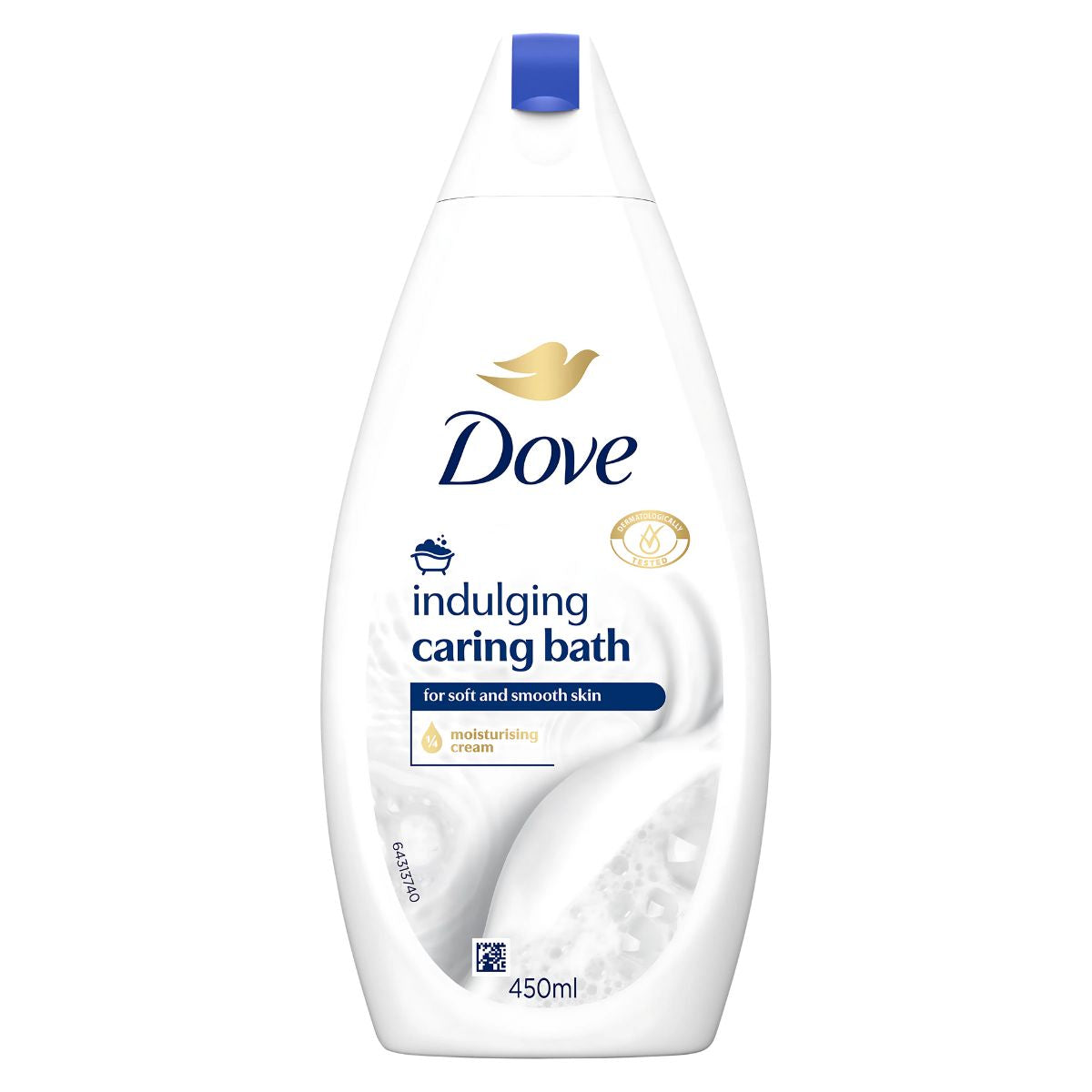 A 450ml bottle of Dove Indulging Caring Bath Moisturising Cream for soft, smooth skin, in a soothing white and blue design.