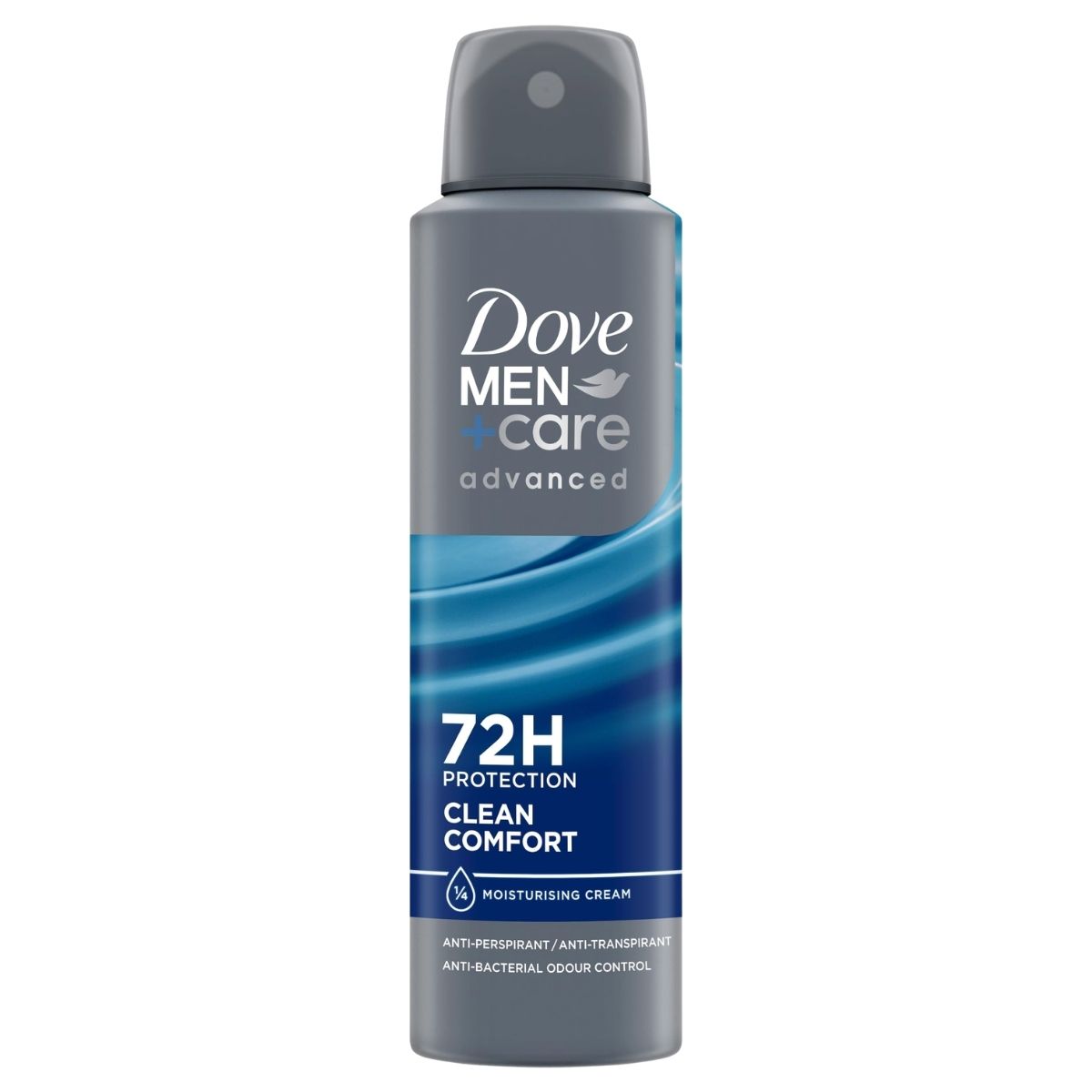 Dove Men+Care deodorant spray bottle on a white background